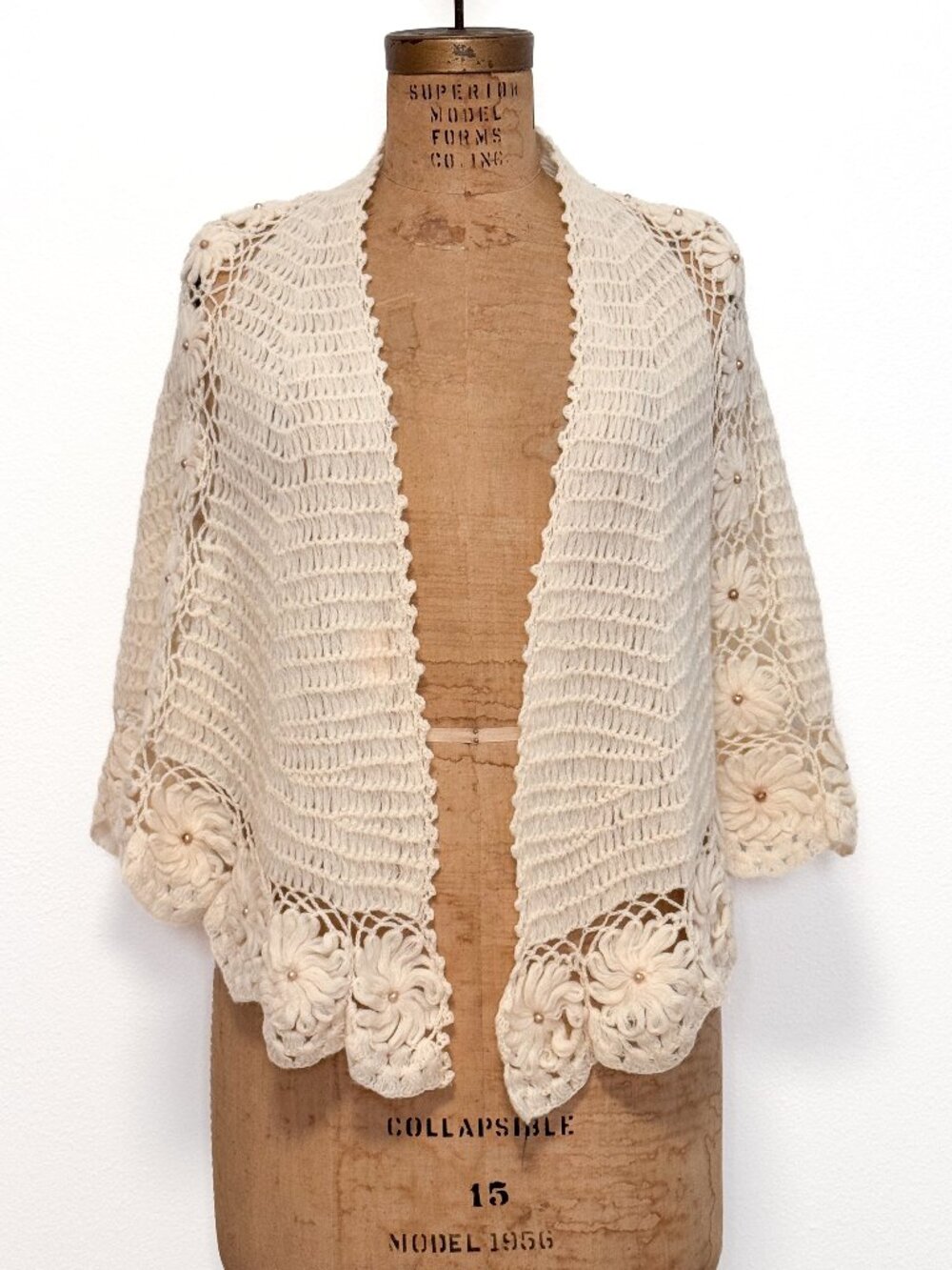 Vintage Glentex Cream Crochet Knit Wool Shawl